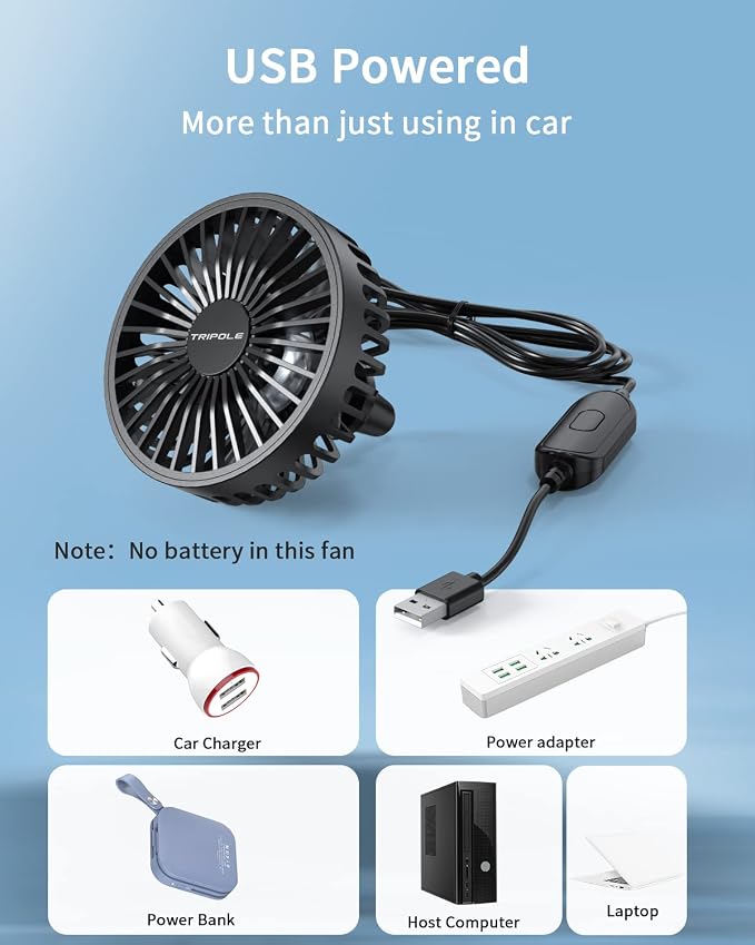 Car Fan USB Powered - Powerful 3 Speed, Portable Cooling Clip Fan for Car Vent, Quiet Brushless Motor, 360 Degree Rotatable