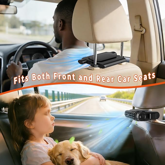 Car Fan with 4000mAh Battery, Portable Car Air Conditioner for Front or Back Seat Cooling, Easy Install Car Seat Fan for
