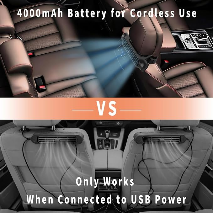 Car Fan with 4000mAh Battery, Portable Car Air Conditioner for Front or Back Seat Cooling, Easy Install Car Seat Fan for