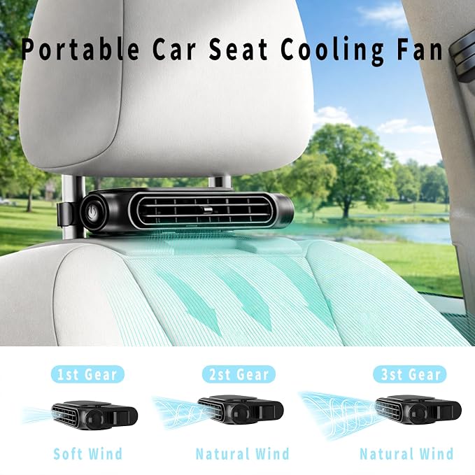 Car Fan with 4000mAh Battery, Portable Car Air Conditioner for Front or Back Seat Cooling, Easy Install Car Seat Fan for