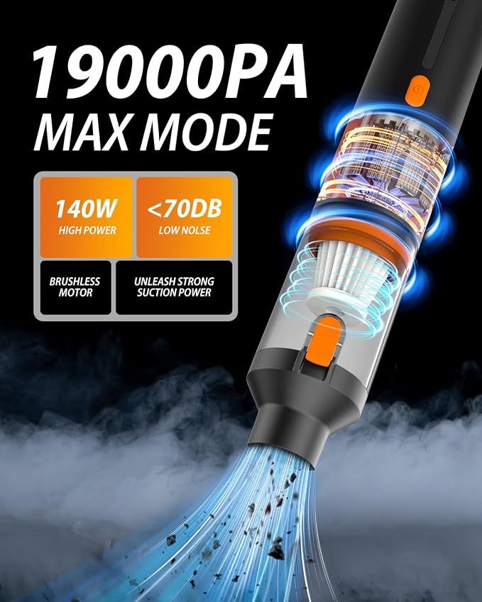 Car Vacuum 19000Pa Powerful Suction, Cordless Handheld Vacuum Cleaner & Air Duster, Portable Hand Held Mini Vacuum