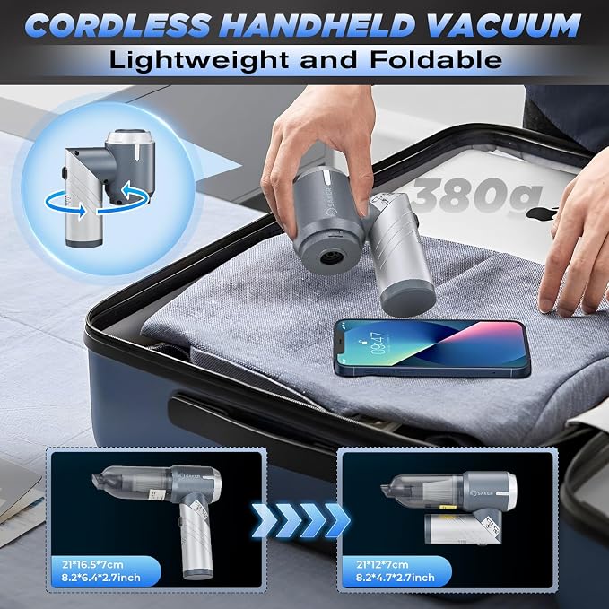 Car Vacuum Cleaner 17000PA Foldable Mini Handheld Vacuums Portable Cordless with Brushless Motor for Gifts