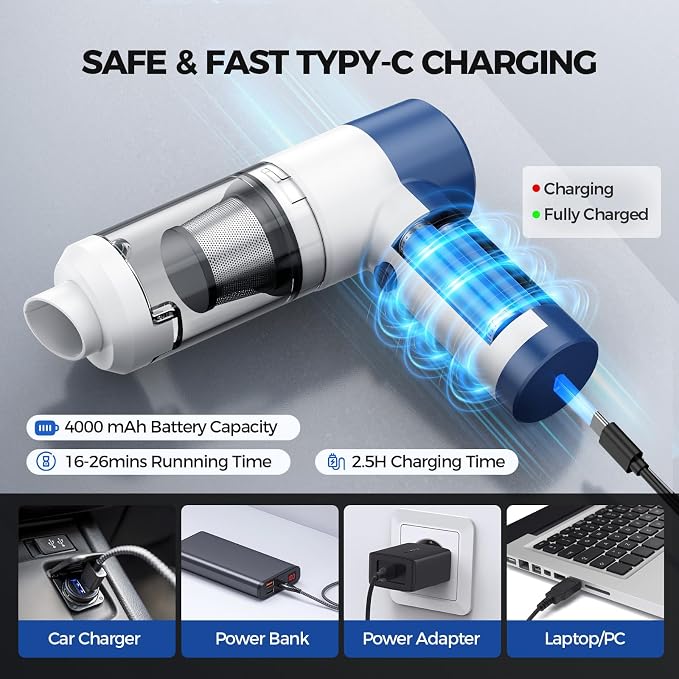 Car Vacuum Cleaner Cordless, 4 in 1 Portable Vacuum Cleaner 16000PA High Power Air Duster & Air Blower & Pump, Rechargeable