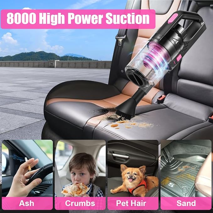 Car Vacuum Cordless Rechargeable, 8000PA High Power Handheld Vacuum Cleaner with 17PCS Car Cleaning Kit, Pink Auto