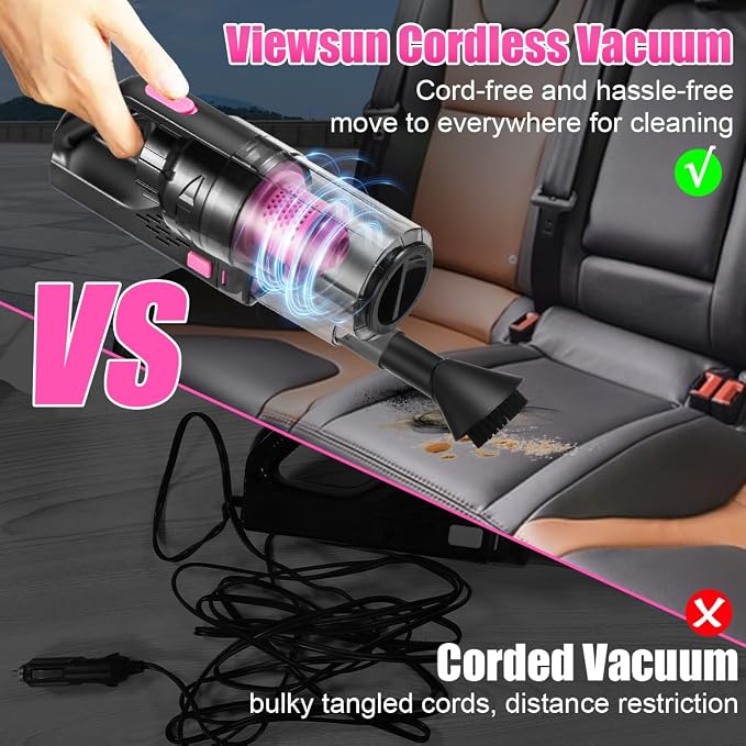 Car Vacuum Cordless Rechargeable, 8000PA High Power Handheld Vacuum Cleaner with 17PCS Car Cleaning Kit, Pink Auto