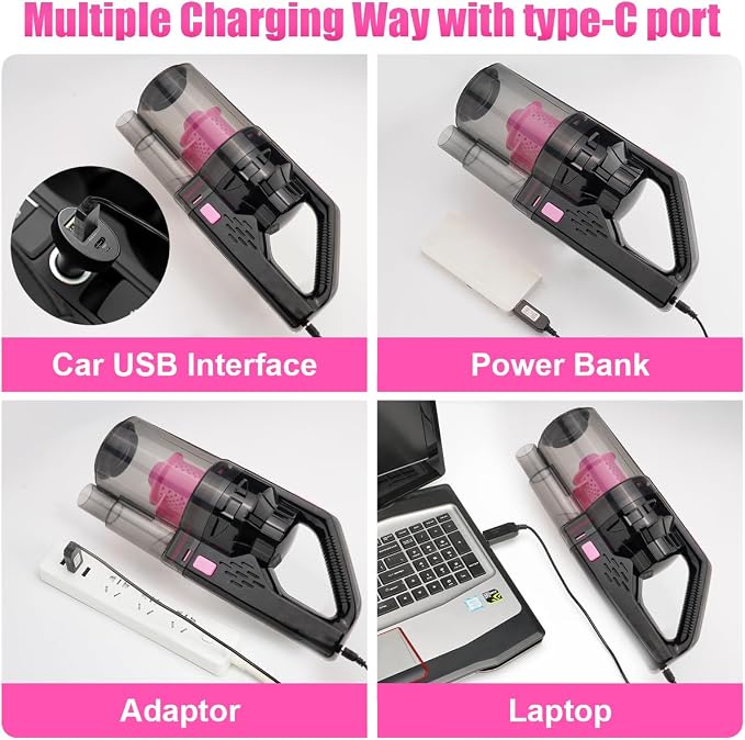 Car Vacuum Cordless Rechargeable, 8000PA High Power Handheld Vacuum Cleaner with 17PCS Car Cleaning Kit, Pink Auto
