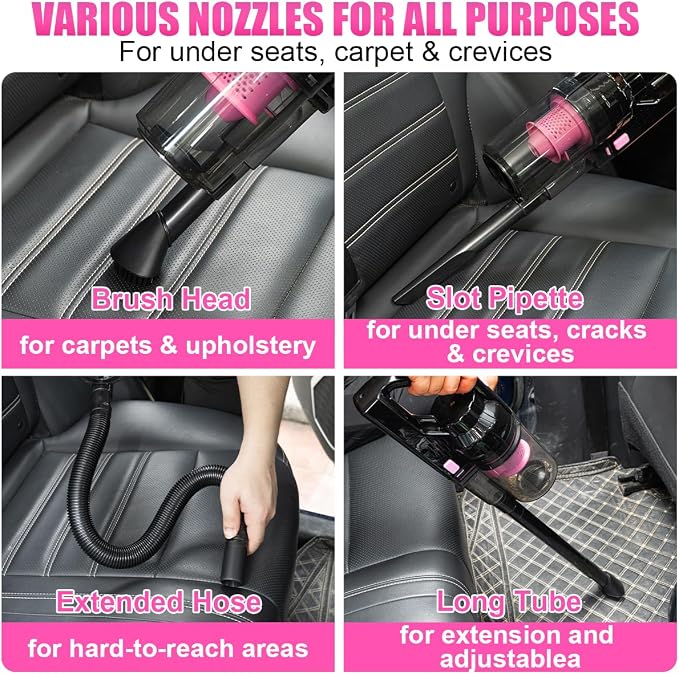 Car Vacuum Cordless Rechargeable, 8000PA High Power Handheld Vacuum Cleaner with 17PCS Car Cleaning Kit, Pink Auto