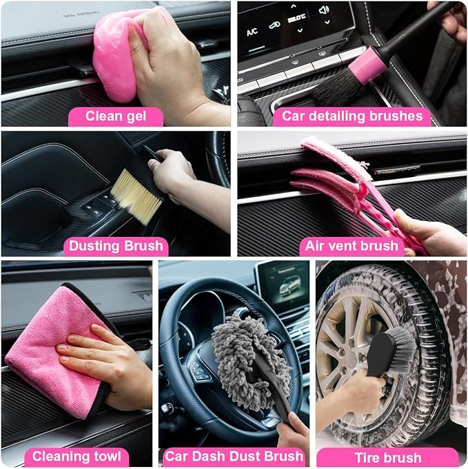 Car Vacuum Cordless Rechargeable, 8000PA High Power Handheld Vacuum Cleaner with 17PCS Car Cleaning Kit, Pink Auto