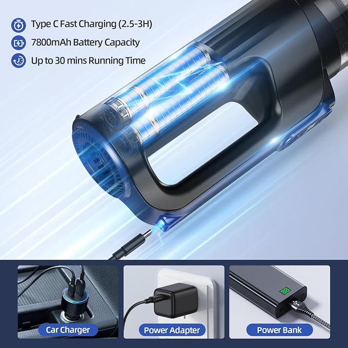 Car Vacuum Portable Cordless, 18000Pa 2 in 1 Vacuum Cleaner&Air Duster, 130W Brushless Motor Handheld Vacuum Cordless with