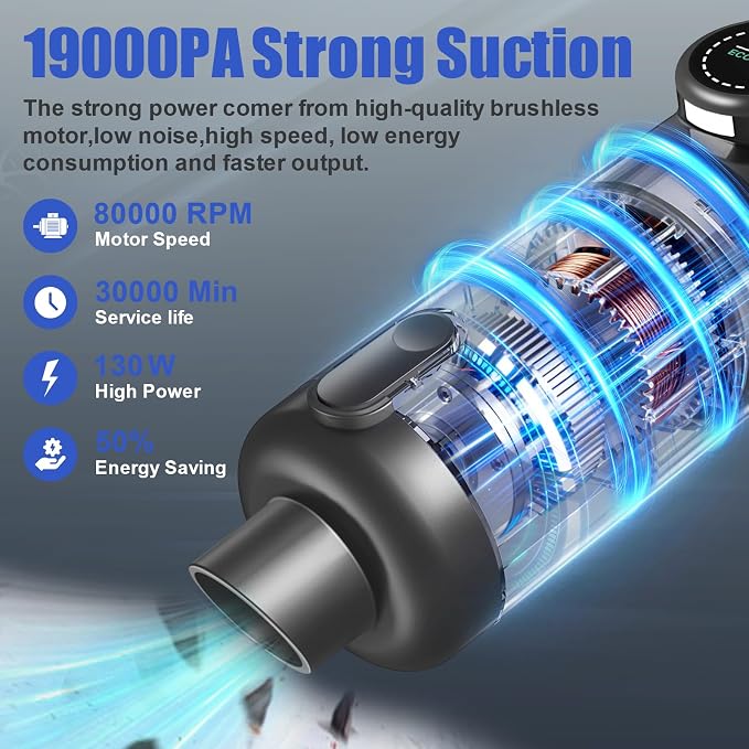 Car Vacuum Portable Cordless-19000 Pa 4 in 1 Handheld Vacuum Cordless Brushless Motor with LED Light and Multi-Nozzles