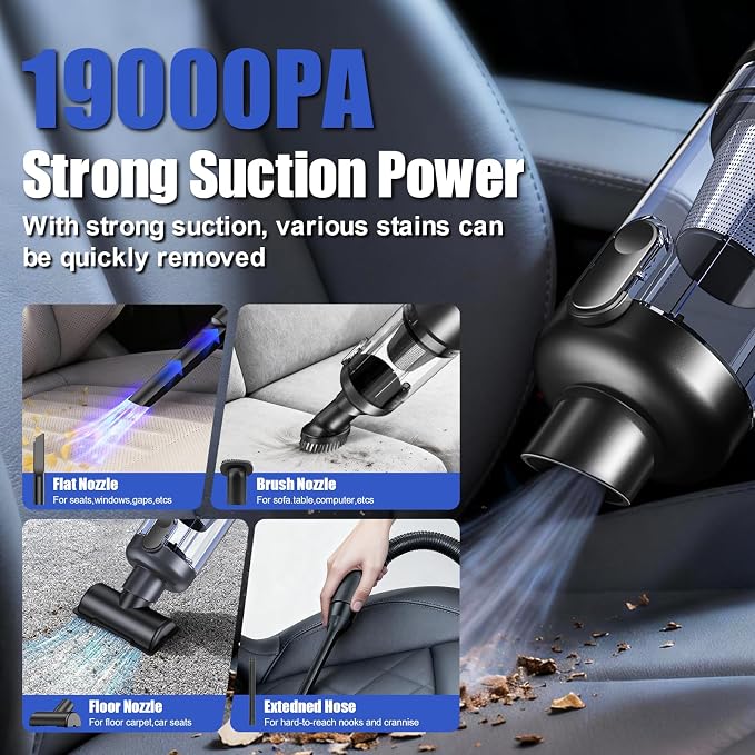 Car Vacuum Portable Cordless-19000 Pa 4 in 1 Handheld Vacuum Cordless Brushless Motor with LED Light and Multi-Nozzles