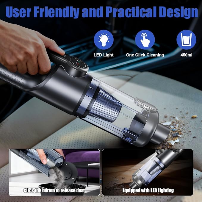 Car Vacuum Portable Cordless-19000 Pa 4 in 1 Handheld Vacuum Cordless Brushless Motor with LED Light and Multi-Nozzles