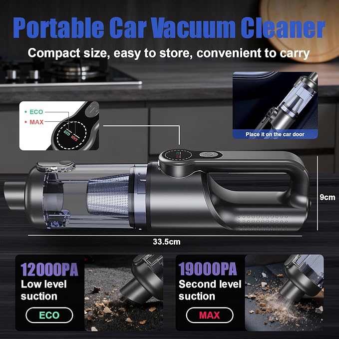 Car Vacuum Portable Cordless-19000 Pa 4 in 1 Handheld Vacuum Cordless Brushless Motor with LED Light and Multi-Nozzles