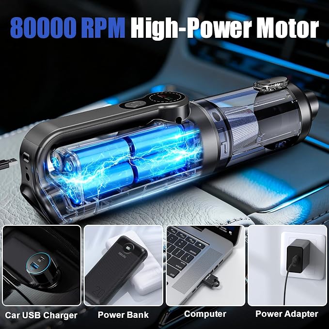 Car Vacuum Portable Cordless-19000 Pa 4 in 1 Handheld Vacuum Cordless Brushless Motor with LED Light and Multi-Nozzles