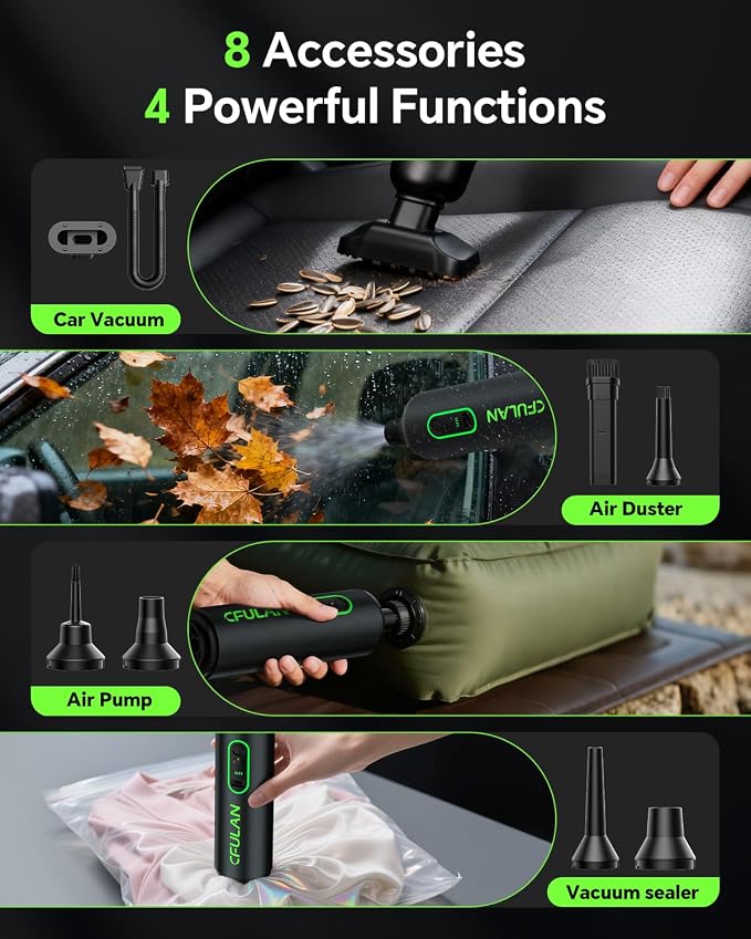 Car Vacuum Portable Cordless, 21000Pa 4-in-1 Handheld Mini Vacuum Cleaner with 8 Attachments, 3 Suction Modes, One-Touch