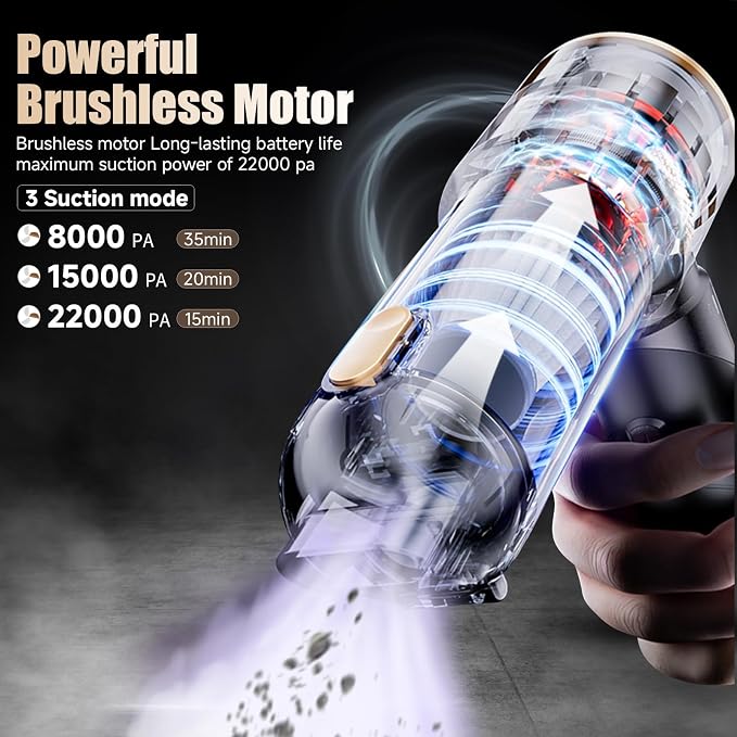 Car Vacuum Portable Cordless 22000PA High Power Handheld Mini Vacuum Cleaner Rechargeable Foldable with Brushless Motor Air