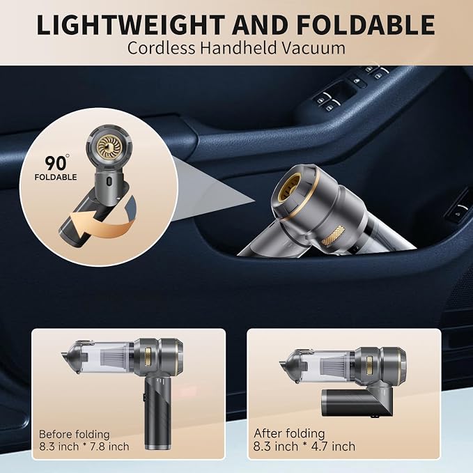 Car Vacuum Portable Cordless 22000PA High Power Handheld Mini Vacuum Cleaner Rechargeable Foldable with Brushless Motor Air