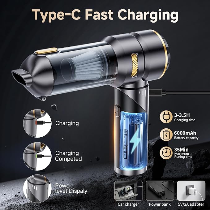 Car Vacuum Portable Cordless 22000PA High Power Handheld Mini Vacuum Cleaner Rechargeable Foldable with Brushless Motor Air