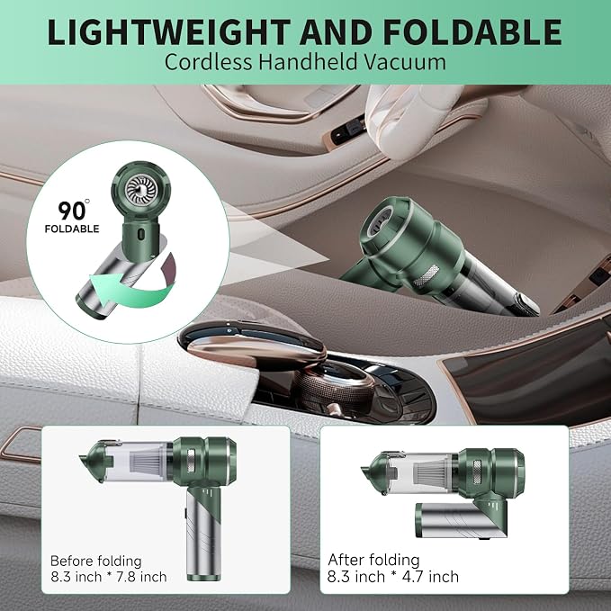 Car Vacuum Portable Cordless 22000PA High Power Handheld Mini Vacuum Cleaner Rechargeable Foldable with Brushless Motor Air