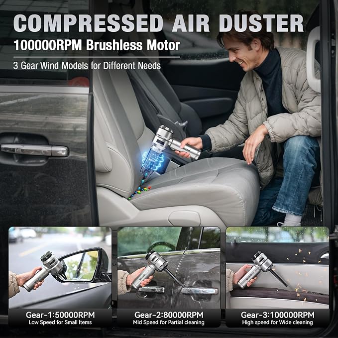 Car Vacuum Portable Cordless 22000PA High Power with Brushless Motor 4-in-1 Compressed Air Duster & Air Blower & Pump Hand