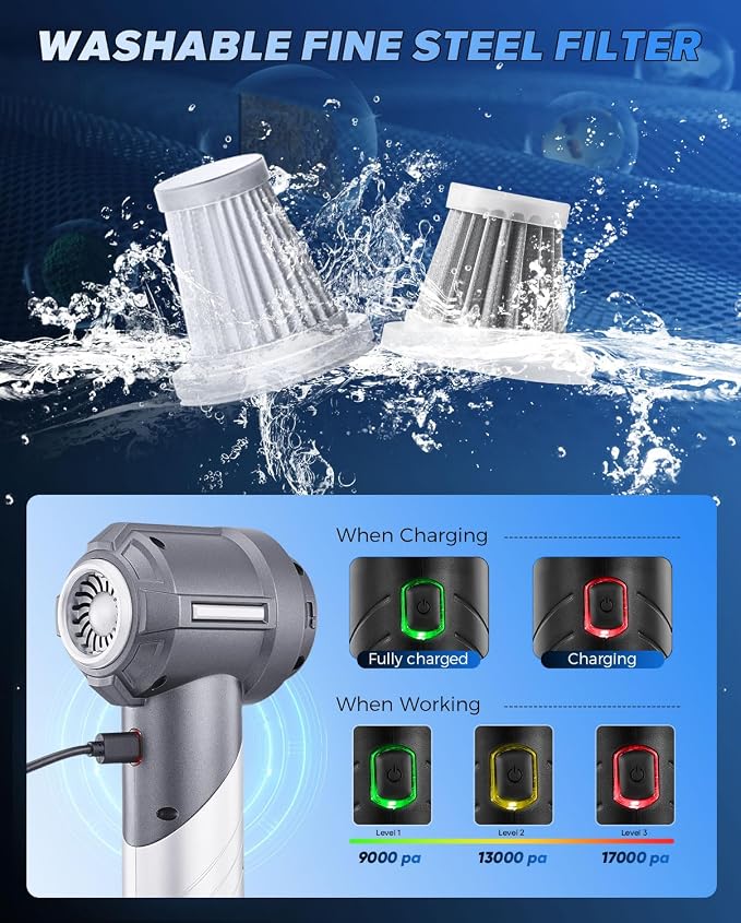 Car Vacuum Portable Cordless, Foldable Mini Handheld Vacuum Cordless and Air Duster 17000PA High Power Vacuum Cleaners for