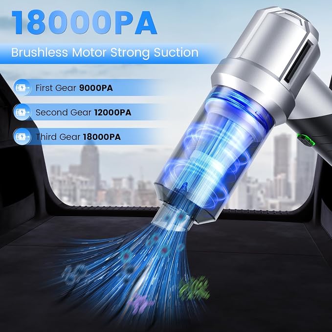 Car Vacuum Portable Cordless with 18000PA Super Suction, 4 in 1 Portable Air Blower/Car Vacuum 90°Foldable Handheld
