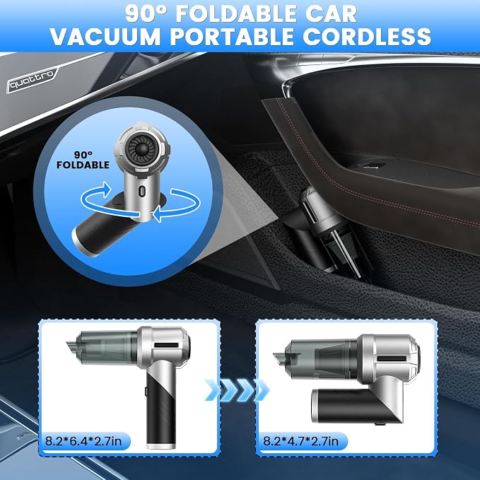 Car Vacuum Portable Cordless with 18000PA Super Suction, 4 in 1 Portable Air Blower/Car Vacuum 90°Foldable Handheld
