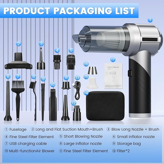 Car Vacuum Portable Cordless with 18000PA Super Suction, 4 in 1 Portable Air Blower/Car Vacuum 90°Foldable Handheld