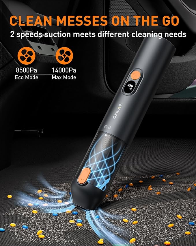 Car Vacuum Portable - Handheld Vacuum Cordless 14000PA High Power, Blow & Suction 2 in 1, Up to 30 Mins Runtime, Cordless