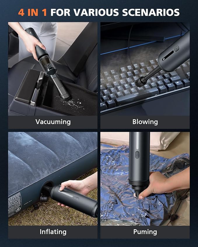Car Vacuum Portable with 16000Pa Powerful Suction, Handheld Vacuum Cordless Rechargeable Blow & Suction 4 in 1, Small Vacuum