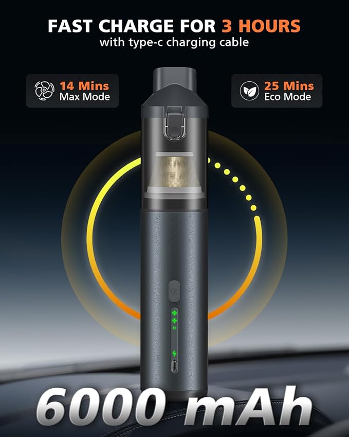 Car Vacuum Portable with 16000Pa Powerful Suction, Handheld Vacuum Cordless Rechargeable Blow & Suction 4 in 1, Small Vacuum