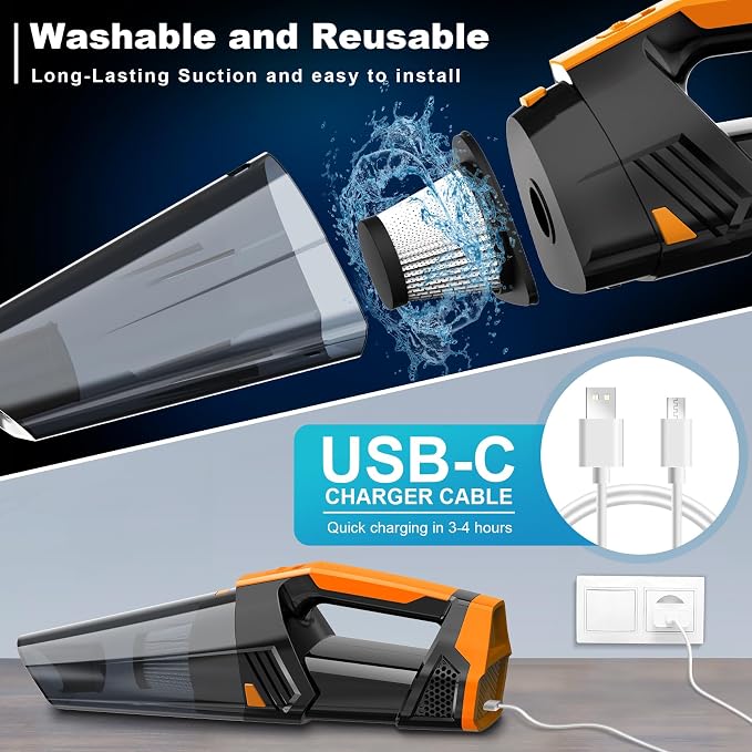 Car Vacuum Portable with LED Light, High Power Suction, Lightweight Rechargeable Hand Vacuum, Hand Held Vacuum Cleaner for