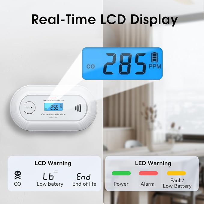 Carbon Monoxide Alarm Detector, 10-Year Sealed Battery Travel CO Detector with Digital LCD Display, Battery Powered CO Alarm