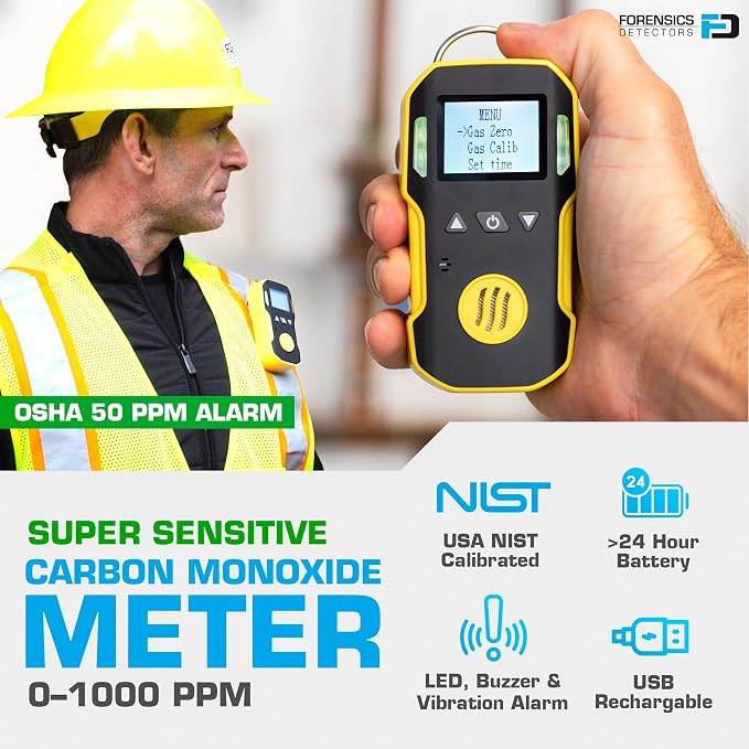 Carbon Monoxide CO Meter by | USA NIST Calibration | Dust & Explosion Proof | USB Recharge | Sound, Light and, alternate view