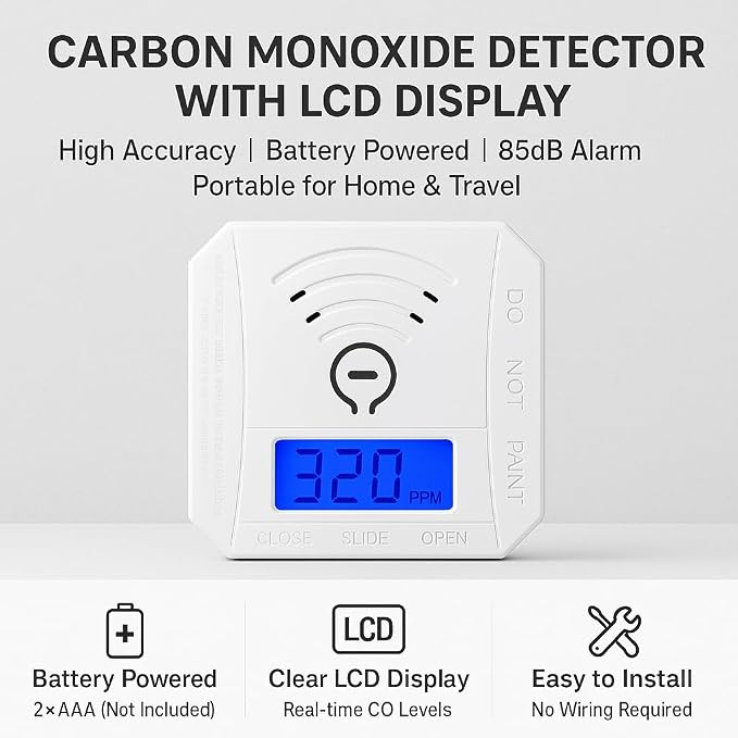 Carbon Monoxide Detector 2 Pack,Battery Operated CO Detector Alarm with Digital LCD Display & Loud 85dB Alarm,Travel Carbon