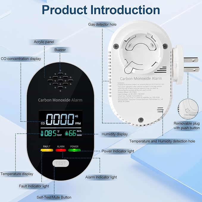 Carbon Monoxide Detector Plug in Wall, 3-in-1 CO Detector with Temperature Humidity Sensor, alternate product view 2