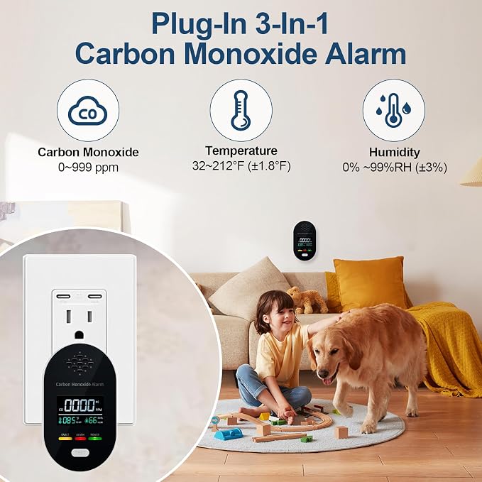 Carbon Monoxide Detector Plug in Wall, 3-in-1 CO Detector with Temperature Humidity Sensor, alternate product view 3