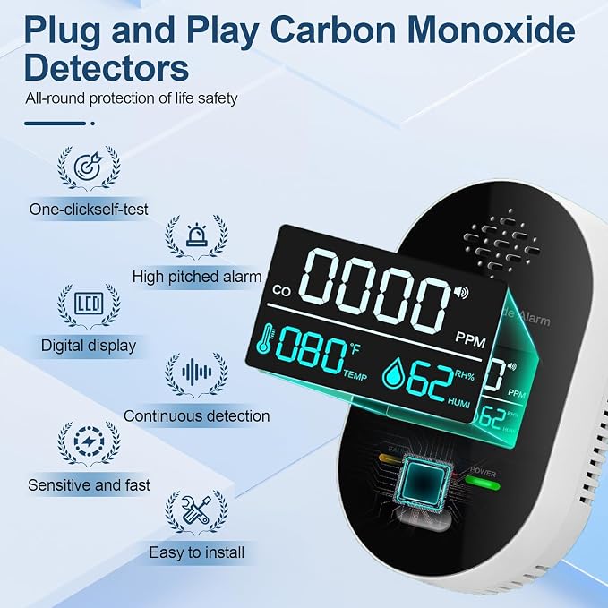 Carbon Monoxide Detector Plug in Wall, 3-in-1 CO Detector with Temperature Humidity Sensor, alternate product view 6