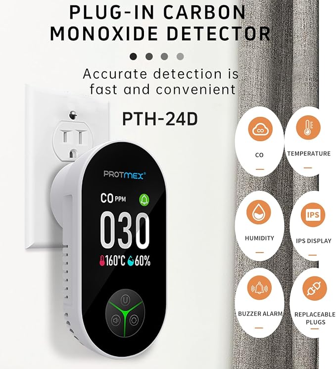 Carbon Monoxide Detector Plug in Wall, 3-in-1 Co Detector Monitor Air Quality with Temperature Humidity Sensor, Portable CO