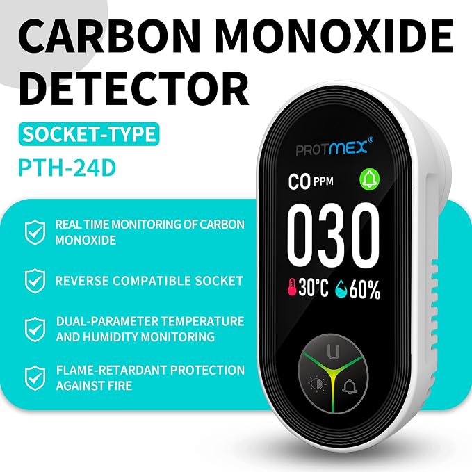 Carbon Monoxide Detector Plug in Wall, 3-in-1 Co Detector Monitor Air Quality with Temperature Humidity Sensor, Portable CO