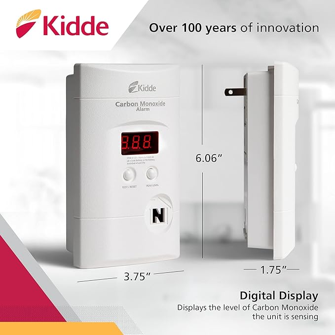 Carbon Monoxide Detector, Plug In Wall with 9-Volt Battery Backup, Digital LED Display in White., alternate view 3