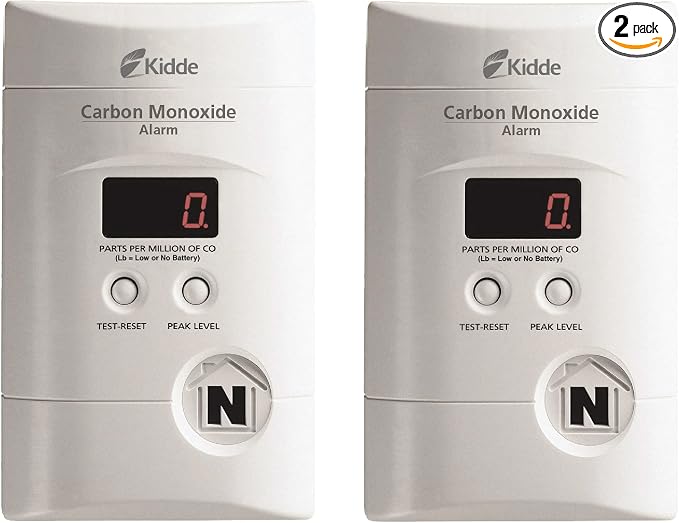 Carbon Monoxide Detector, Plug In Wall with 9-Volt Battery Backup, Digital LED Display - 2 Pack in White.