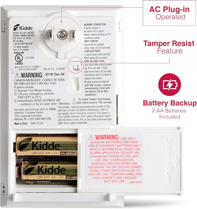 Carbon Monoxide Detector, Plug in Wall with AA Battery Backup, Test-Hush Button in White., alternate view 3