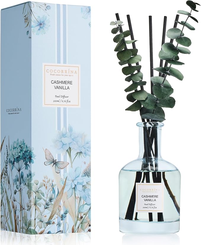 Cashmere Vanilla Reed Diffuser – 6.76 oz Essential Oil with 8 Reeds & Real Eucalyptus Sticks, product image