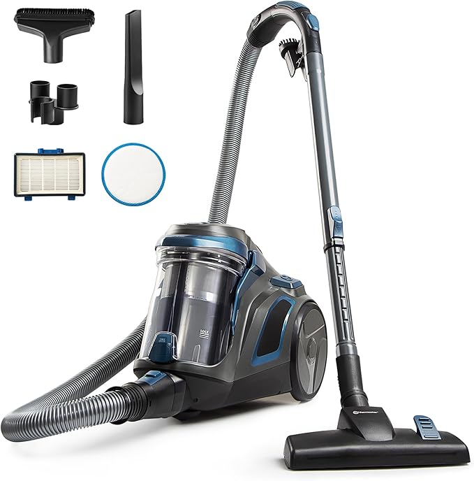 CC0501 Ultra Silent Bagless Canister Vacuum Powerful Cleaner with HEPA Filtration, One-Touch Release Dust Cup, Built-in Dust