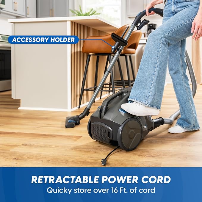 CC0501 Ultra Silent Bagless Canister Vacuum Powerful Cleaner with HEPA Filtration, One-Touch Release Dust Cup, Built-in Dust