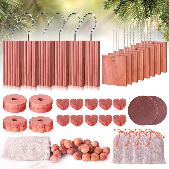 Cedar Blocks for Clothes Storage 56 Pcs, 100% Aromatic Planks with Metal Hooks, Cedar Wood Chips and Balls for