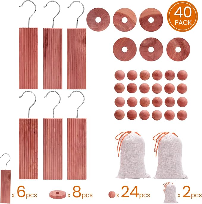 Cedar Blocks for Clothes Storage, Cedar Wood Chips and Balls for Closets and Drawers, Fresh Scented Sachets, 40 Pack