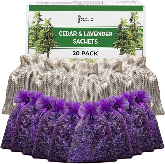 Cedar Chips and Lavender Sachets (20 Pack) - Stop Clothes Damage - Cedar and Lavendar Home Fragrance Sachets for Drawers and