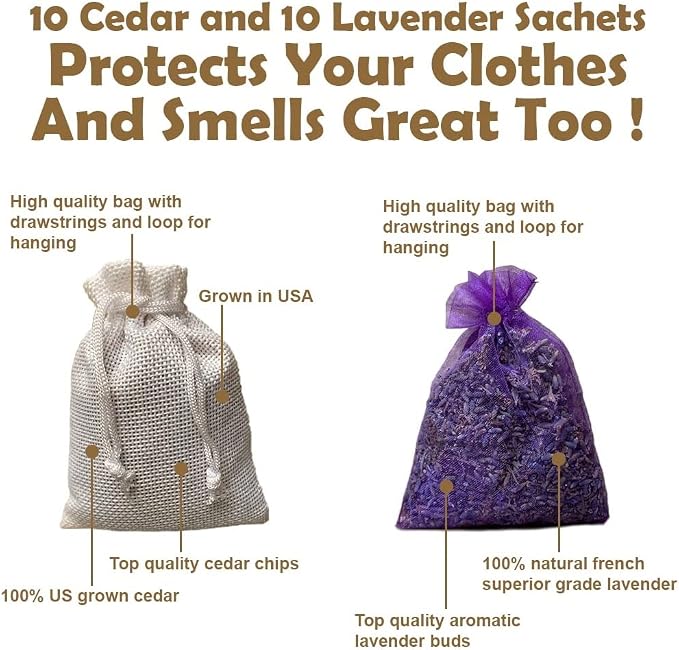 Cedar Chips and Lavender Sachets (20 Pack) - Stop Clothes Damage - Cedar and Lavendar Home Fragrance Sachets for Drawers and
